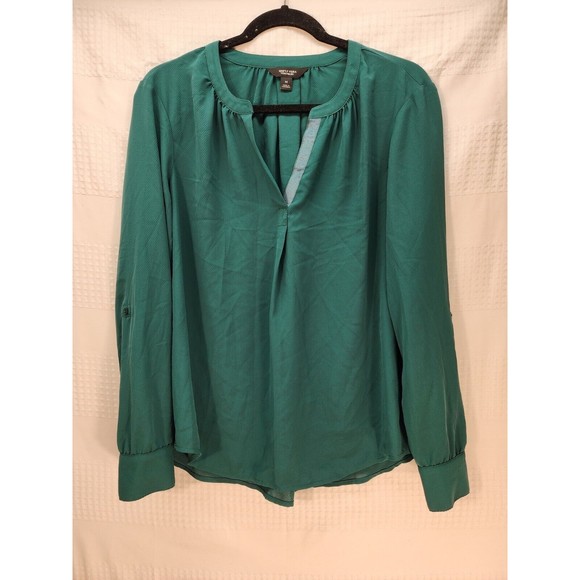 Simply Vera Vera Wang Tops - Simply Vera Wang Blouse Green Med  Split Neck Blk Long Pop Over Roll Tab Chiffon